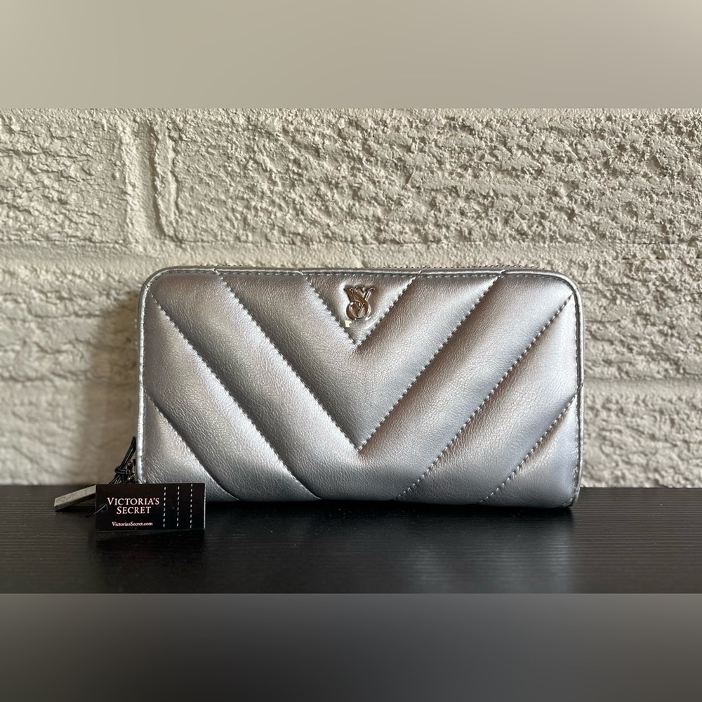 Victoria's Secret Silver Quilted Wallet with Chevron Design